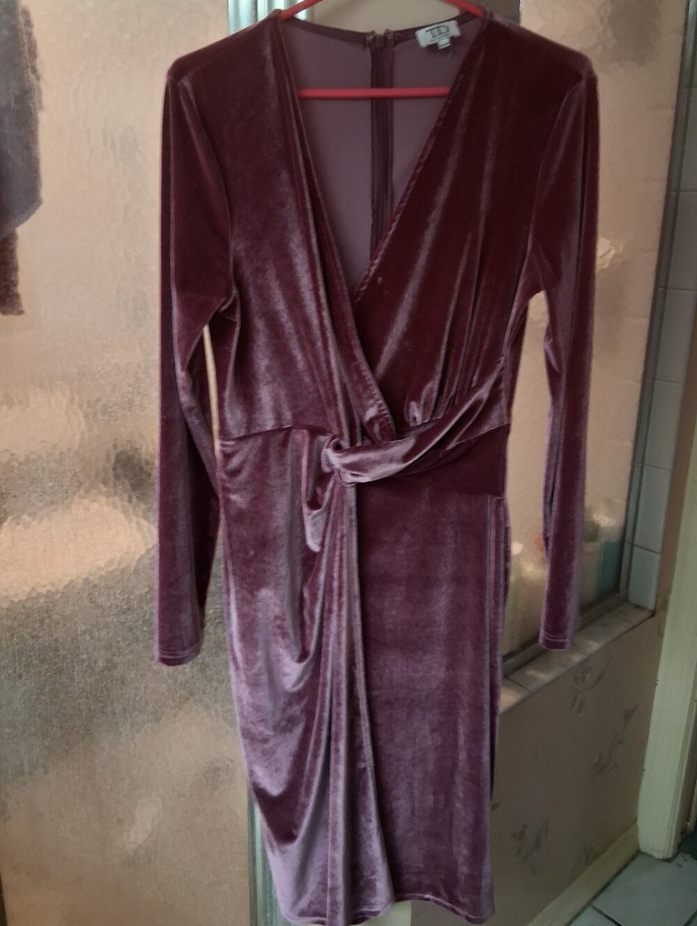 True Decadence Velour Wrap Look  Midi Dress in Mauve Medium Back Zip